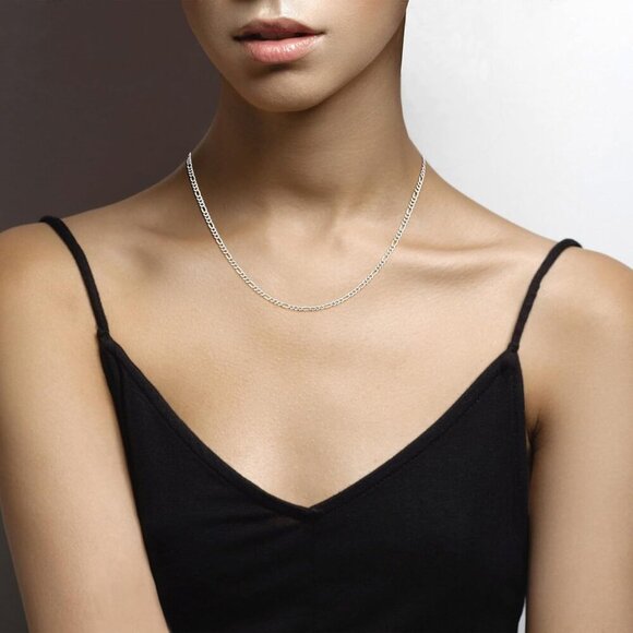 925 Sterling Silver Italian 3mm Diamond-Cut Figaro Link Chain Necklace for Women - Picture 3 of 6